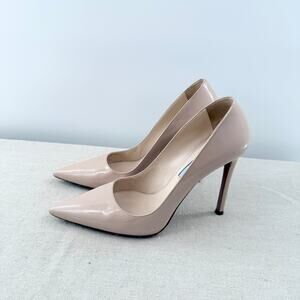 Prada Patent Heel Slip On Pointed Toe Stilettos Heel Pumps Nude Beige Women 37.5